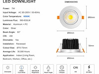 50 x led downlight – 7w – draaibaar – dimbaar – 6500k koud wit – zilver - afbeelding 3 van  4