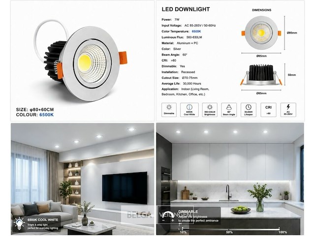 50 x led downlight – 7w – draaibaar – dimbaar – 6500k koud wit – zilver - afbeelding 5 van  5