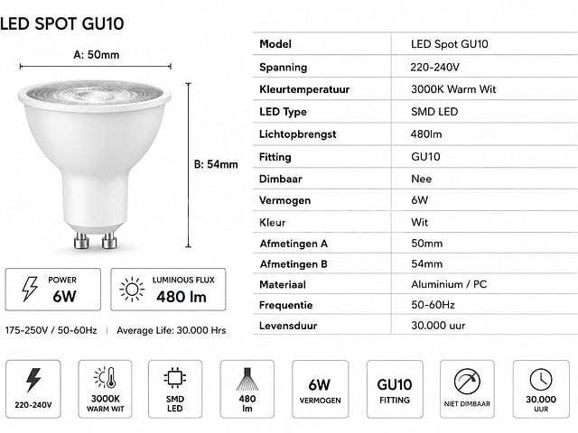50 x led spot gu10 – 6w – 3000k warm wit – ip20 - afbeelding 2 van  4