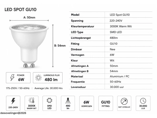 50 x led spot gu10 – 6w – 3000k warm wit – ip20 - afbeelding 4 van  5