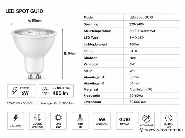 50 x led spot gu10 – 6w – 3000k warm wit – ip20 - afbeelding 3 van  4