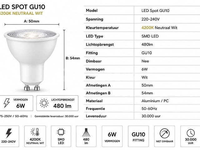 50 x led spot gu10 – 6w – 4200k neutraal wit – ip20 - afbeelding 4 van  4