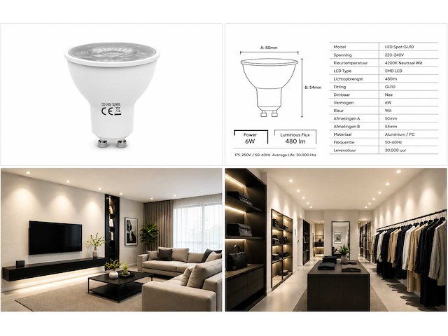 50 x led spot gu10 – 6w – 4200k neutraal wit – ip20 - afbeelding 4 van  4