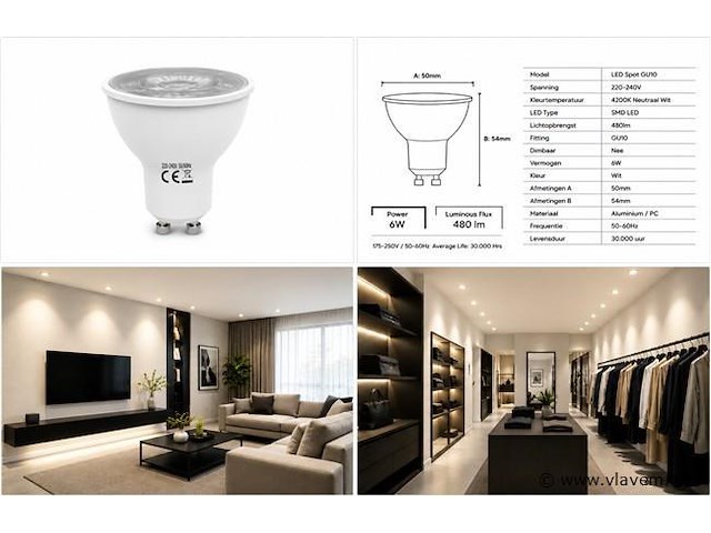 50 x led spot gu10 – 6w – 4200k neutraal wit – ip20 - afbeelding 4 van  4