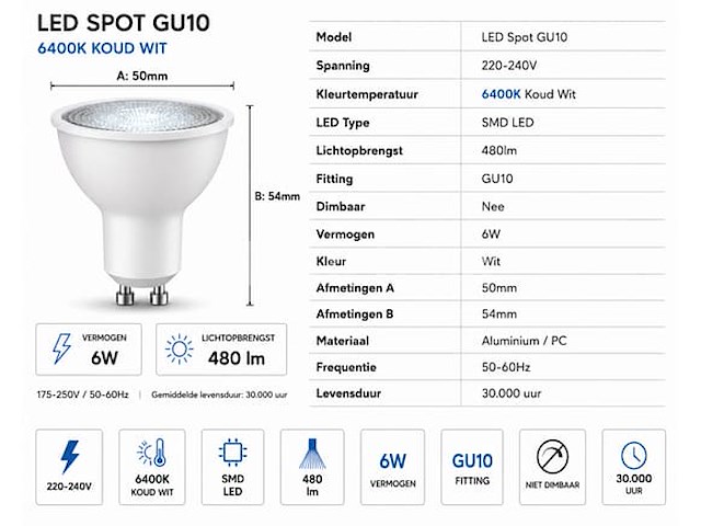 50 x led spot gu10 – 6w – 6400k koud wit – ip20 - afbeelding 1 van  4
