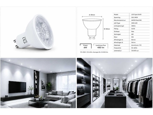 50 x led spot gu10 – 6w – 6400k koud wit – ip20 - afbeelding 4 van  4