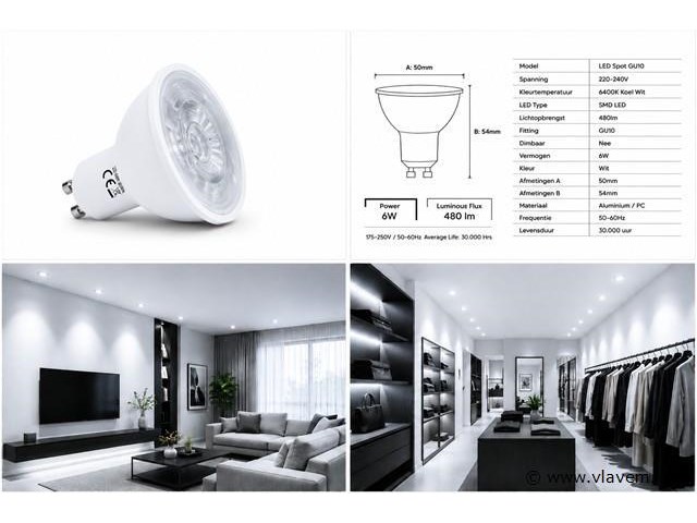 50 x led spot gu10 – 6w – 6400k koud wit – ip20 - afbeelding 4 van  4