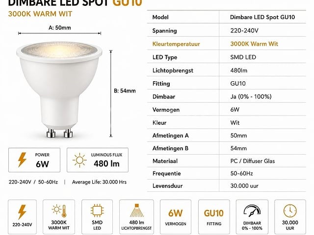 50 x led spot gu10 – 6w – dimbaar – 3000k warm wit – ip20 - afbeelding 3 van  4