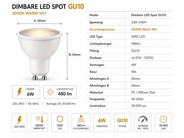 50 x led spot gu10 – 6w – dimbaar – 3000k warm wit – ip20 - afbeelding 3 van  4