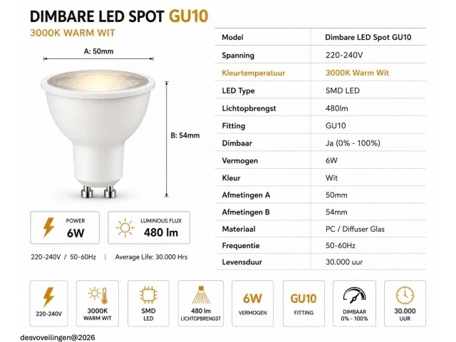 50 x led spot gu10 – 6w – dimbaar – 3000k warm wit – ip20 - afbeelding 4 van  5