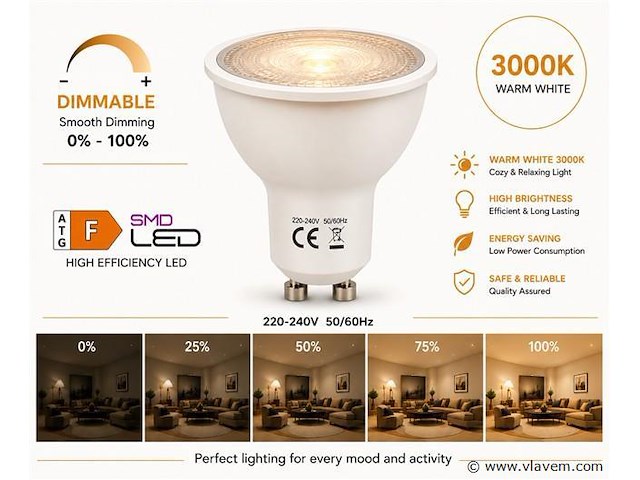 50 x led spot gu10 – 6w – dimbaar – 3000k warm wit – ip20 - afbeelding 1 van  4
