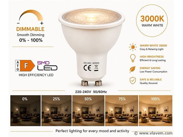 50 x led spot gu10 – 6w – dimbaar – 3000k warm wit – ip20 - afbeelding 1 van  4