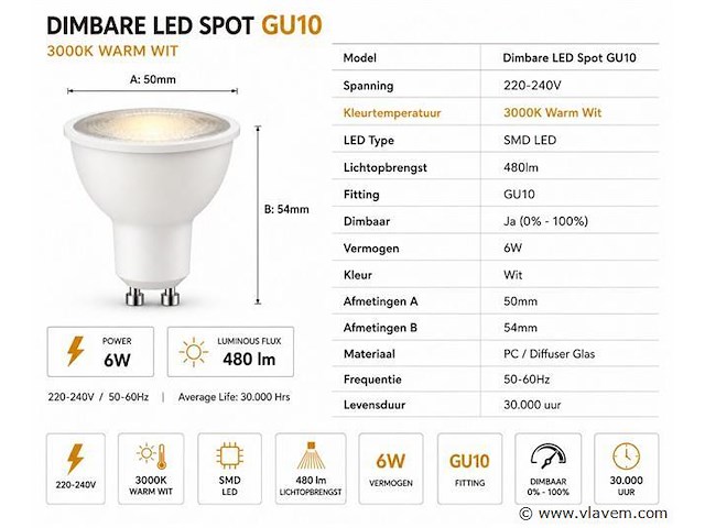 50 x led spot gu10 – 6w – dimbaar – 3000k warm wit – ip20 - afbeelding 3 van  4