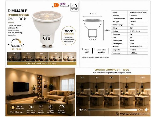 50 x led spot gu10 – 6w – dimbaar – 3000k warm wit – ip20 - afbeelding 4 van  4