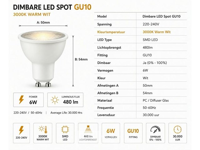 50 x led spot gu10 – 6w – dimbaar – 3000k warm wit – ip20 - afbeelding 4 van  5