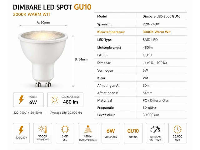 50 x led spot gu10 – 6w – dimbaar – 3000k warm wit – ip20 - afbeelding 3 van  4