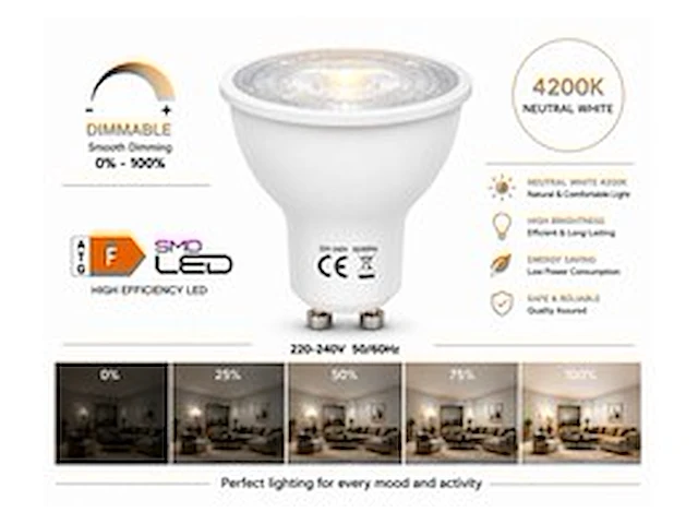 50 x led spot gu10 – 6w – dimbaar – 4200k neutraal wit – ip20 - afbeelding 1 van  5