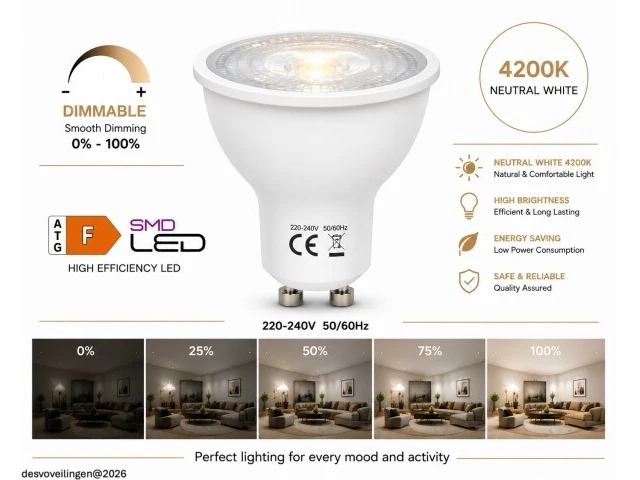 50 x led spot gu10 – 6w – dimbaar – 4200k neutraal wit – ip20 - afbeelding 2 van  5