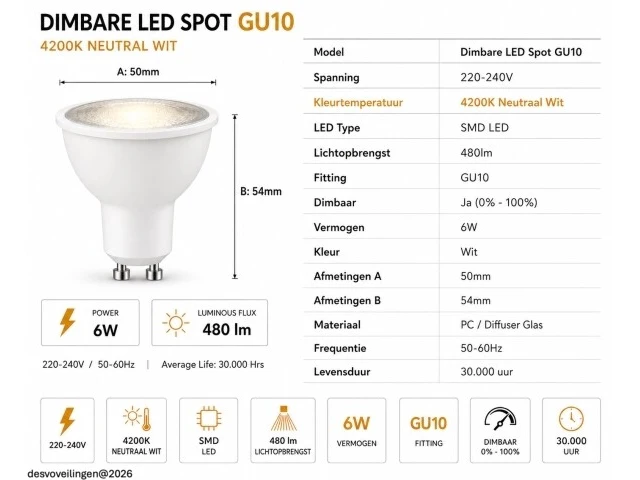 50 x led spot gu10 – 6w – dimbaar – 4200k neutraal wit – ip20 - afbeelding 4 van  5