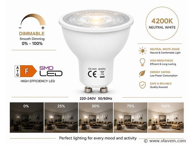 50 x led spot gu10 – 6w – dimbaar – 4200k neutraal wit – ip20 - afbeelding 1 van  4