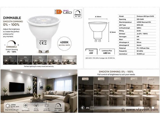 50 x led spot gu10 – 6w – dimbaar – 4200k neutraal wit – ip20 - afbeelding 4 van  4