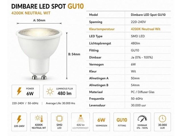 50 x led spot gu10 – 6w – dimbaar – 4200k neutraal wit – ip20 - afbeelding 4 van  5