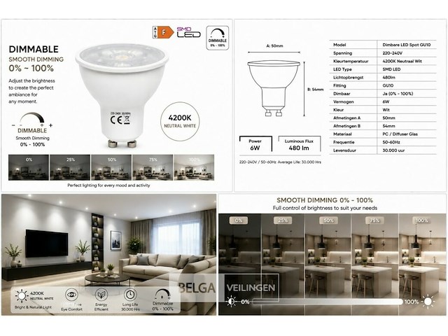 50 x led spot gu10 – 6w – dimbaar – 4200k neutraal wit – ip20 - afbeelding 5 van  5