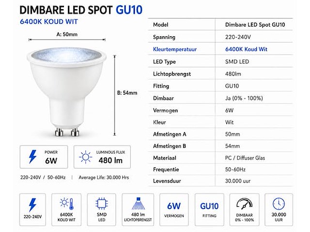 50 x led spot gu10 – 6w – dimbaar – 6400k koud wit – ip20 - afbeelding 1 van  4
