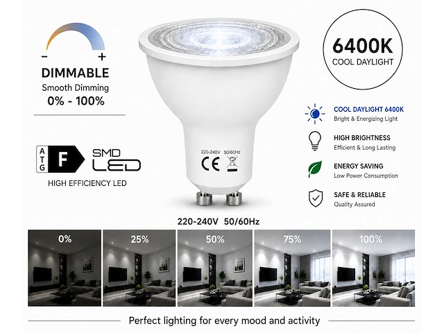 50 x led spot gu10 – 6w – dimbaar – 6400k koud wit – ip20 - afbeelding 1 van  4