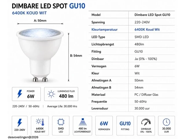 50 x led spot gu10 – 6w – dimbaar – 6400k koud wit – ip20 - afbeelding 4 van  5