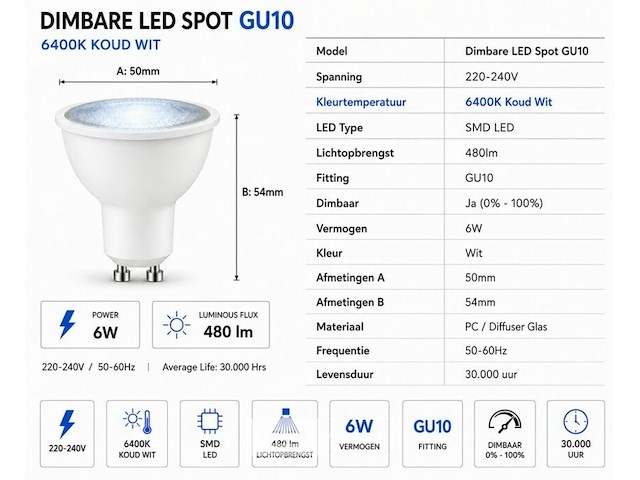50 x led spot gu10 – 6w – dimbaar – 6400k koud wit – ip20 - afbeelding 4 van  5