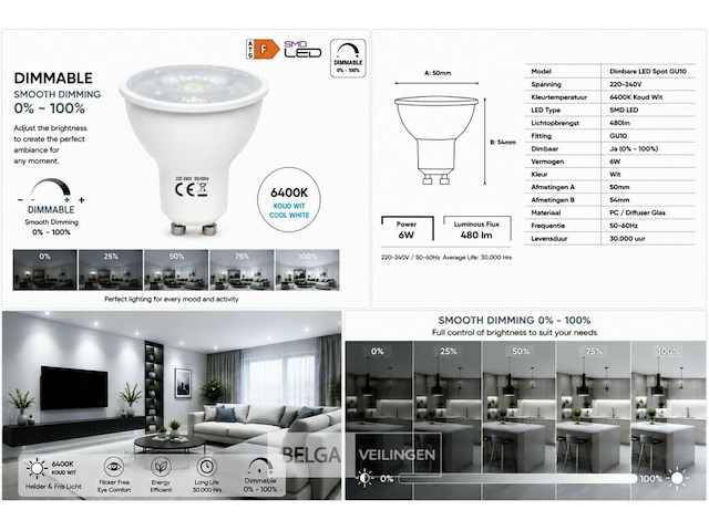 50 x led spot gu10 – 6w – dimbaar – 6400k koud wit – ip20 - afbeelding 5 van  5