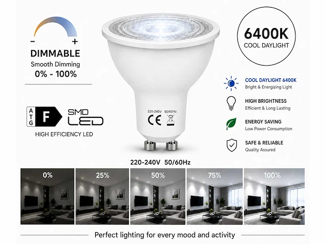50 x led spot gu10 – 6w – dimbaar – 6400k koud wit – ip20 - afbeelding 1 van  4