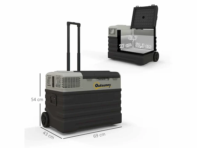 56l draagbare compressie-elektrische koeler met eco/max-modi, telescopische stang en wielen, zwart - afbeelding 3 van  5