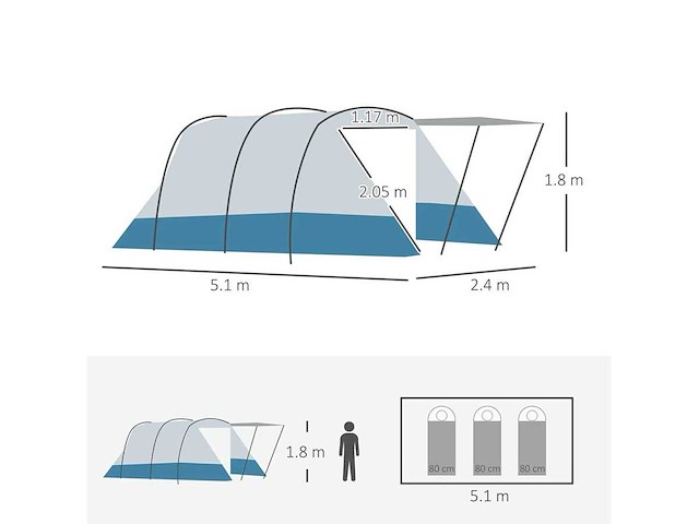 6-8 personen tunneltent, kampeertent met kamer - afbeelding 4 van  7