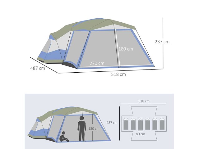 6-8 persoons kampeertent familie-tent met 2 ramen luifel - afbeelding 4 van  5