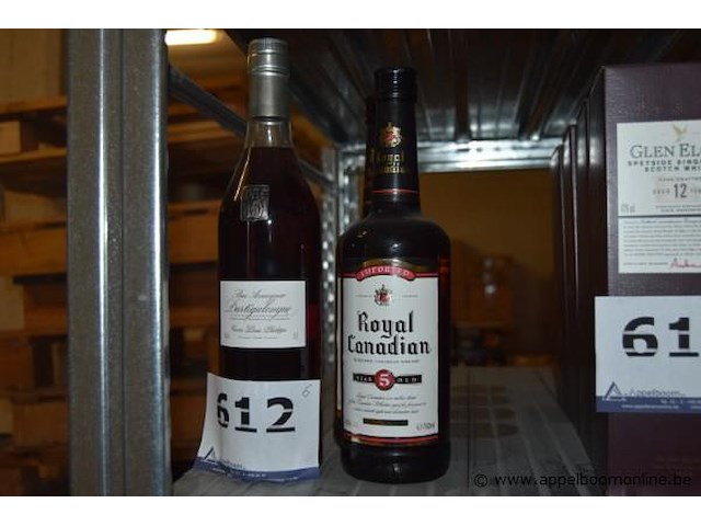 6 diverse fles sterke drank wo. armagnac dartigalongue bas armagnac cuvée louis philippe 40% vol en whisky royal canadian blended canadian whisky 5 year old 40% vol 70cl - afbeelding 1 van  2