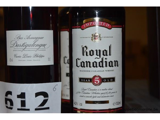 6 diverse fles sterke drank wo. armagnac dartigalongue bas armagnac cuvée louis philippe 40% vol en whisky royal canadian blended canadian whisky 5 year old 40% vol 70cl - afbeelding 2 van  2