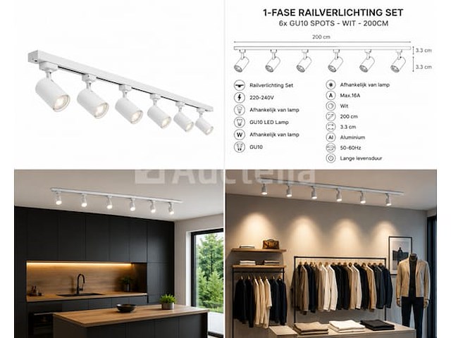 6 x 1-fase railverlichting set – 2 meter – wit – inclusief 6 x gu10 railspots - afbeelding 1 van  5