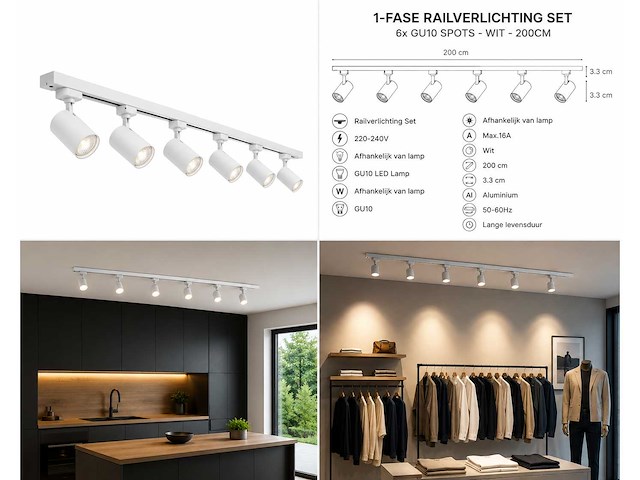 6 x 1-fase railverlichting set – 2 meter – wit – inclusief 6 x gu10 railspots - afbeelding 5 van  5