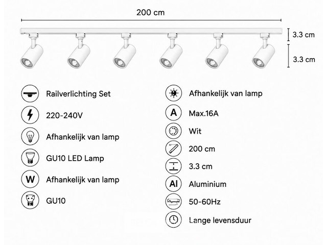 6 x 1-fase railverlichting set – 2 meter – wit – inclusief 6 x gu10 railspots - afbeelding 5 van  6