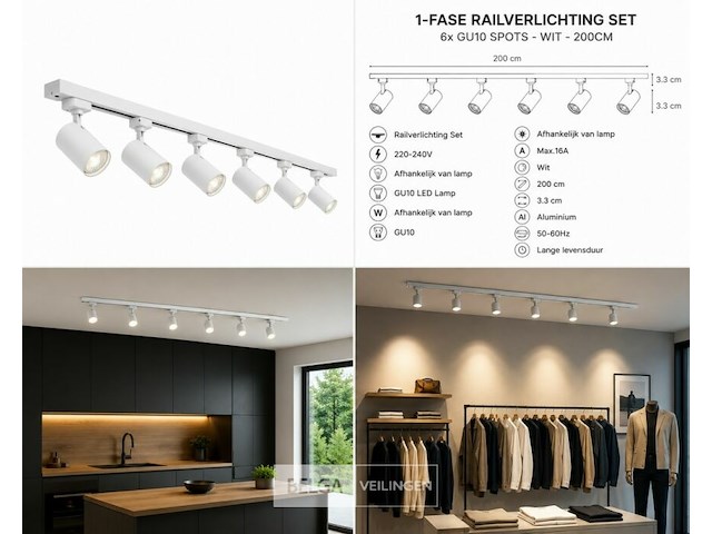 6 x 1-fase railverlichting set – 2 meter – wit – inclusief 6 x gu10 railspots - afbeelding 6 van  6