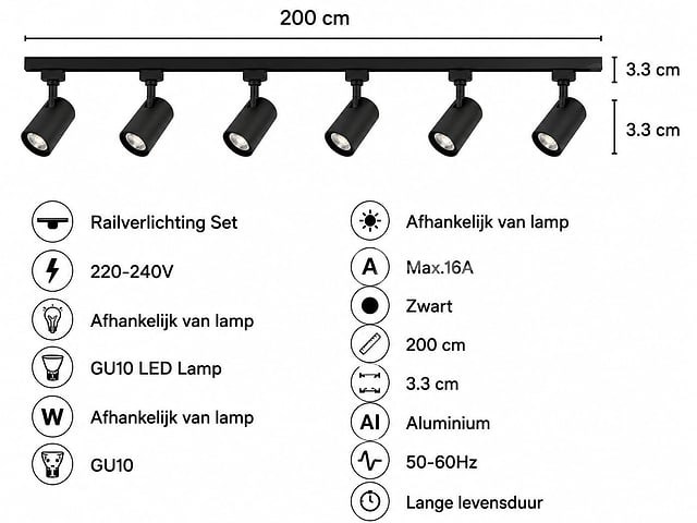 6 x 1-fase railverlichting set – 2 meter – zwart – inclusief 6 x gu10 railspots - afbeelding 5 van  5
