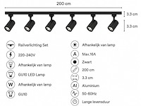 6 x 1-fase railverlichting set – 2 meter – zwart – inclusief 6 x gu10 railspots - afbeelding 5 van  5