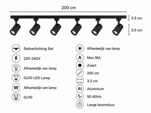 6 x 1-fase railverlichting set – 2 meter – zwart – inclusief 6 x gu10 railspots - afbeelding 4 van  5