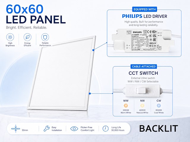 6 x 40w 3 colour cct 60*60 recessed backlit led panel philips driver white - afbeelding 5 van  8