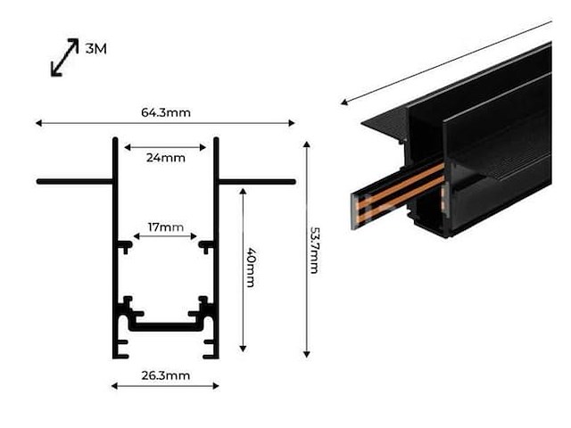 6 x inbouw magnetische rail – 20mm – 48v – 3 meter – zwart - afbeelding 5 van  5