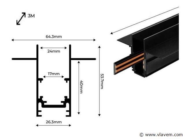 6 x inbouw magnetische rail – 20mm – 48v – 3 meter – zwart - afbeelding 5 van  5