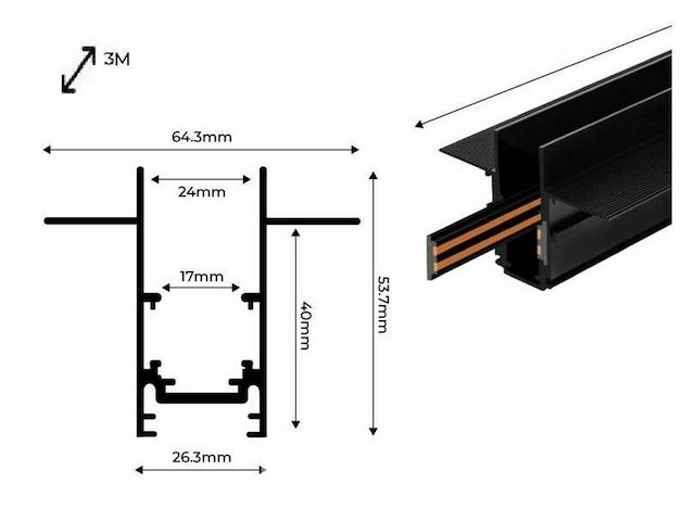 6 x inbouw magnetische rail – 20mm – 48v – 3 meter – zwart - afbeelding 6 van  6