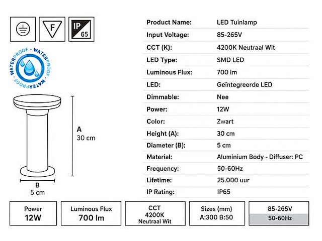 6 x led buiten sokkel lamp – 12w – 4200k neutraal wit - zwart – ip65 – dexter-2 - afbeelding 3 van  5